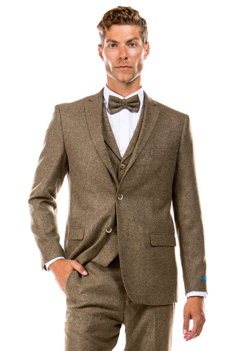 Men’s Two Button Vested Vintage Style Tweed Wedding Suit in Tan
