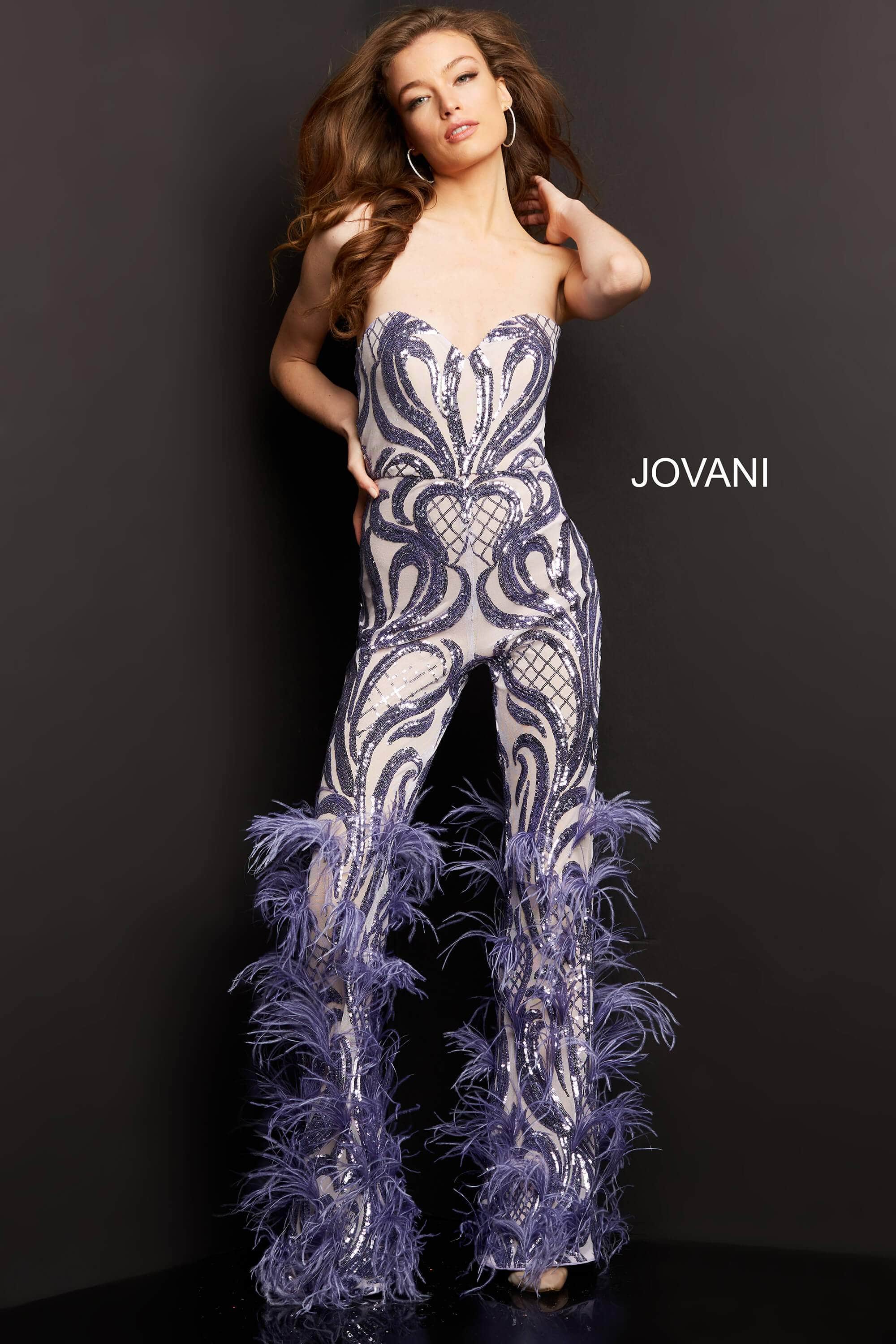 05669 Strapless Sweetheart Feathered Jumpsuit