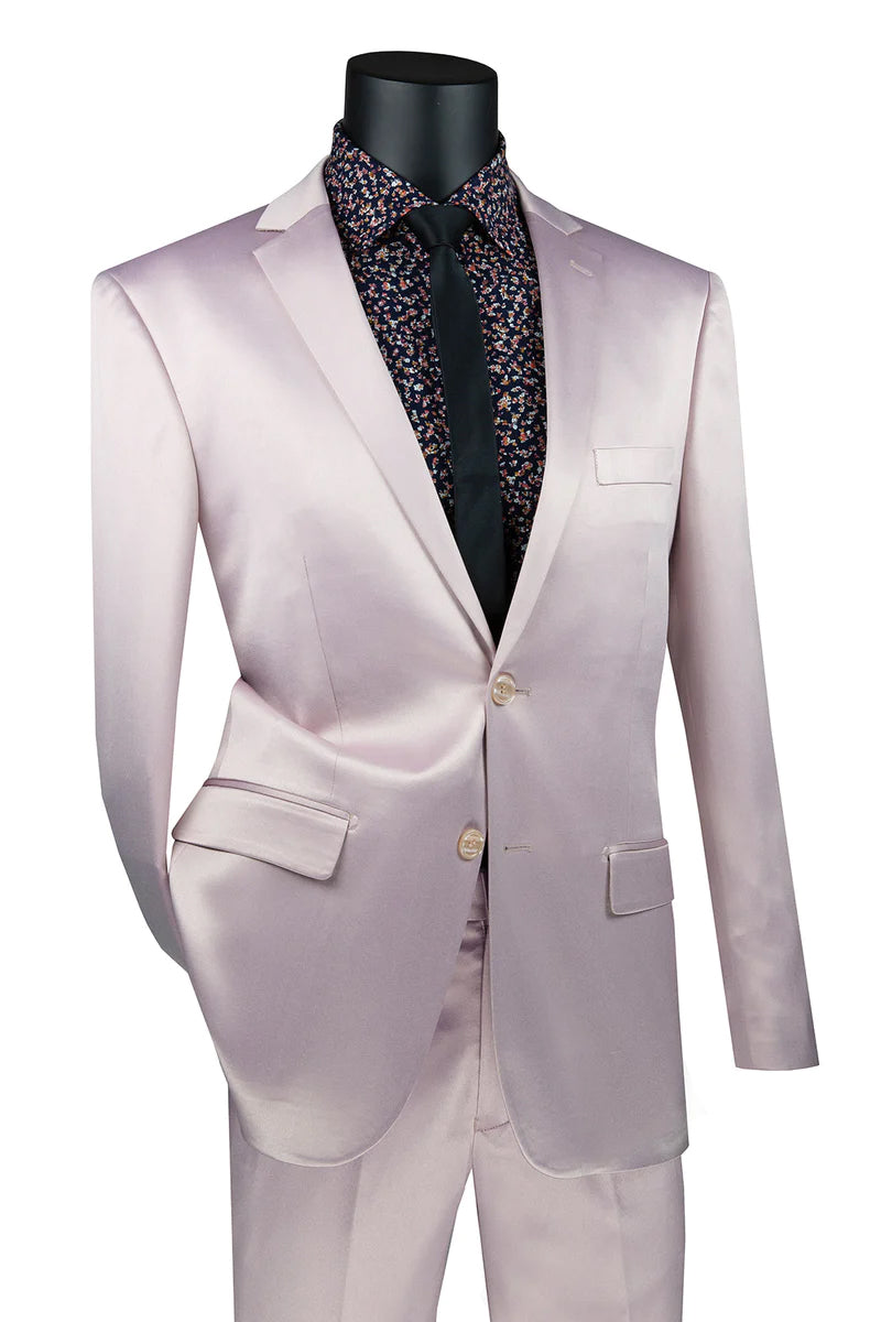 Men’s Slim Fit Shiny Satin Prom & Wedding Sharkskin Suit in Blush Pink
