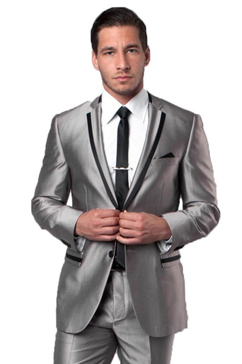 Men’s Two Button Slim Fit Wedding & Prom Tuxedo Suit in Shiny Silver Sharkskin with Black Piping