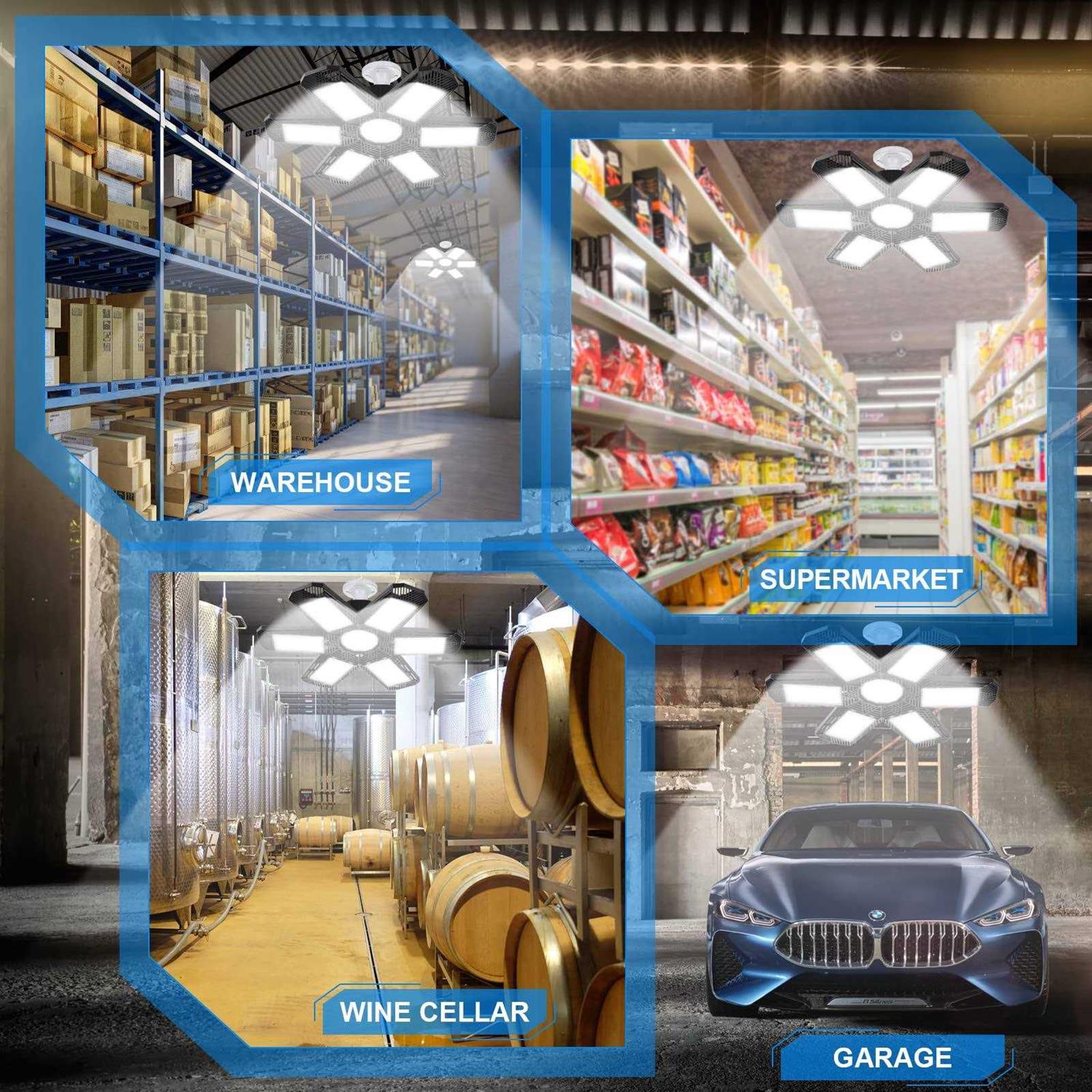 ZZENRYSAM 2 Pack LED Garage Lights 120W 12000LM 6500K Deformable LED Garage Ceiling Light with 6+1 Multi-Position Panels