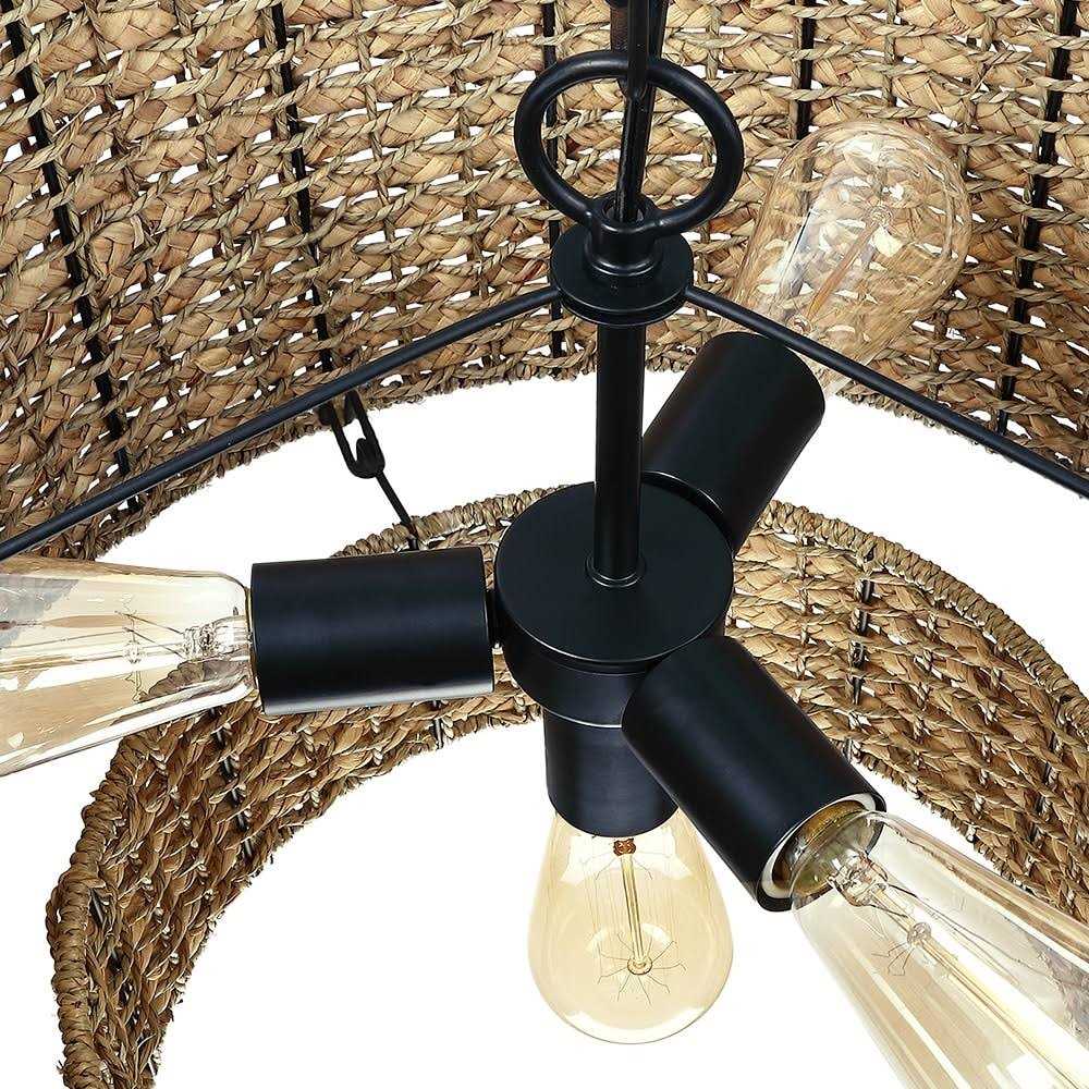 True Fine Elis 20 in. 4-Light Natural Rattan Traditional Drum Pendant Light Black Canopy