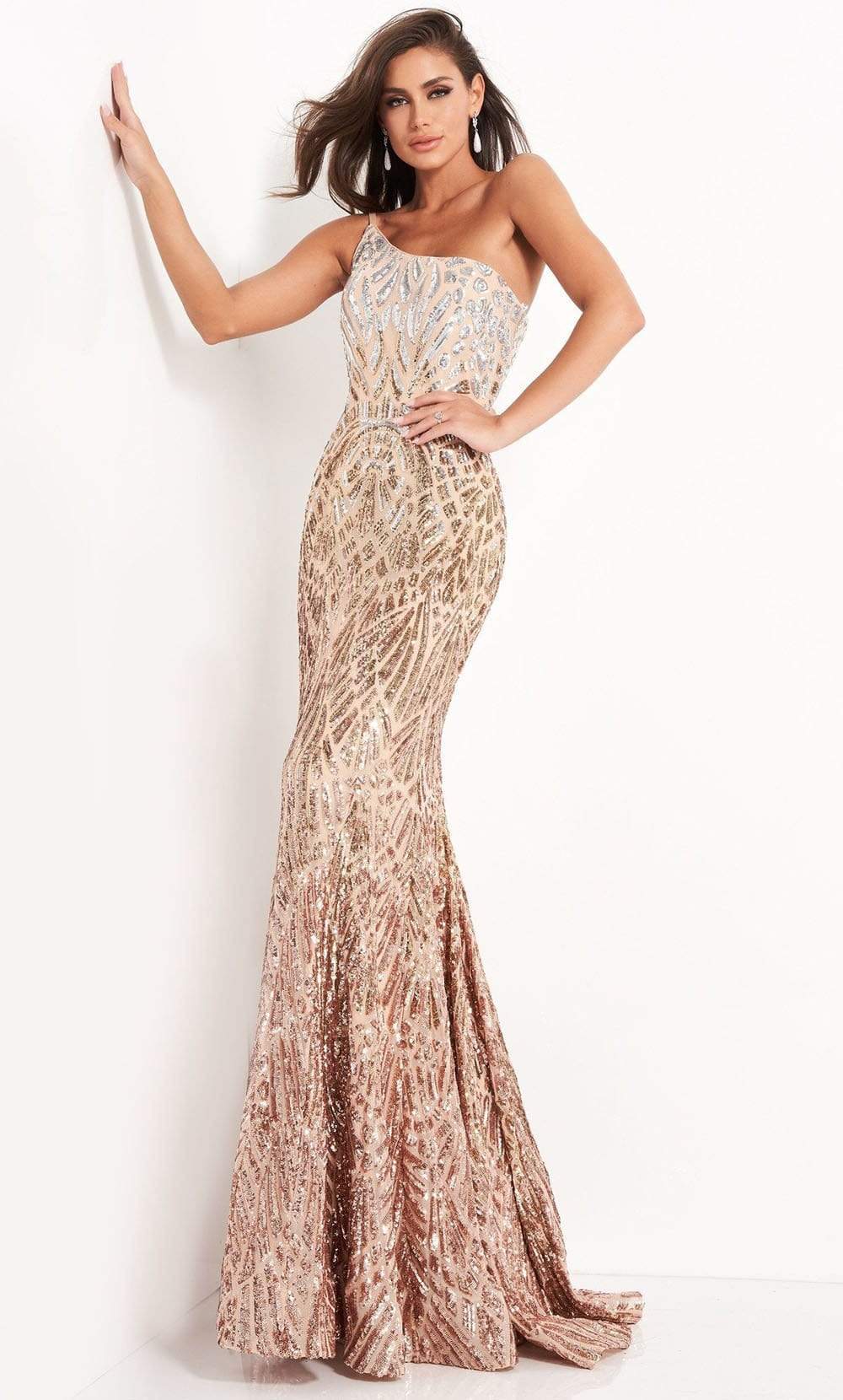 06469 Sequined Modest Prom Trumpet Dress
