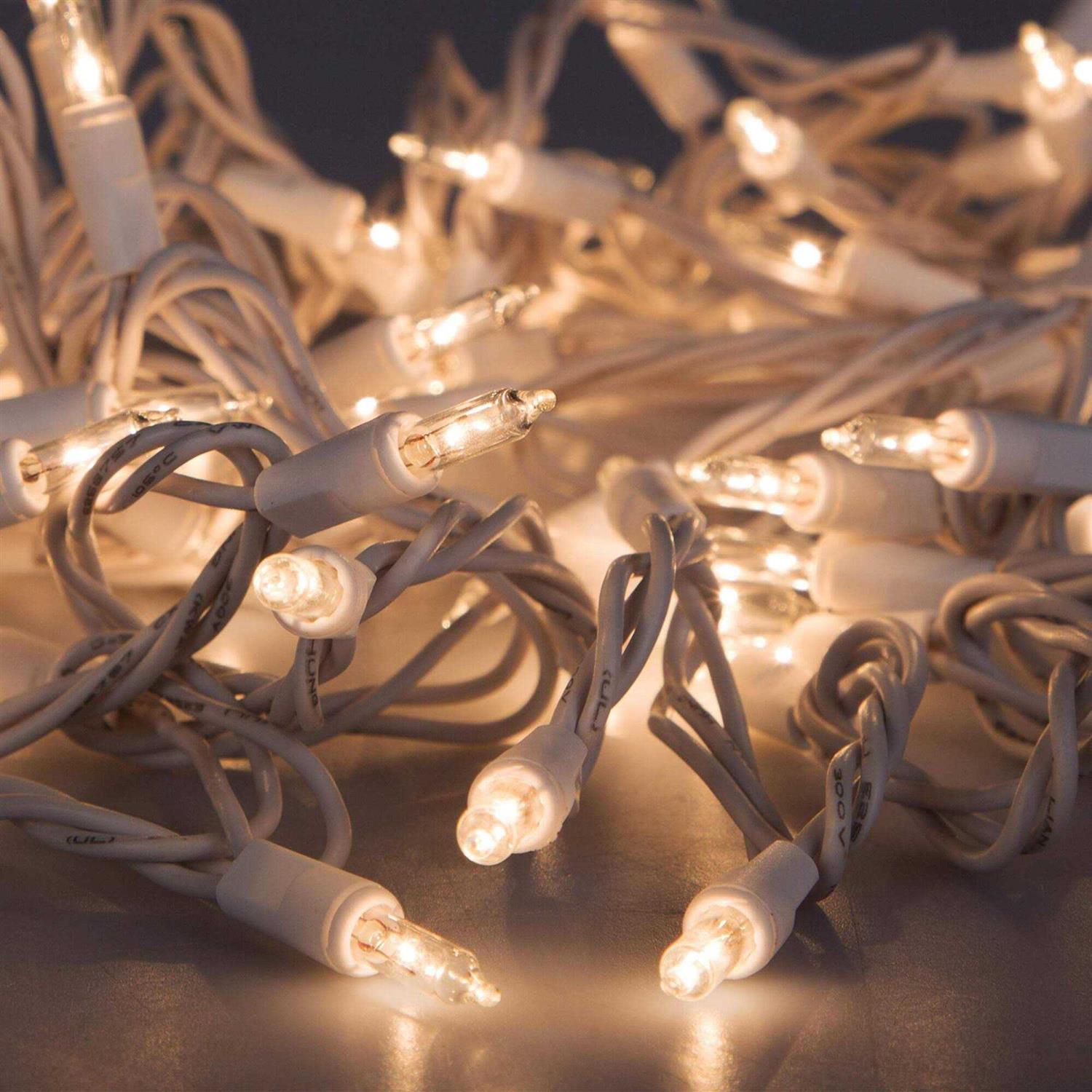 612 Vermont 100 Clear Christmas Lights on White Wire UL Approved for Indoor/Outdoor Use