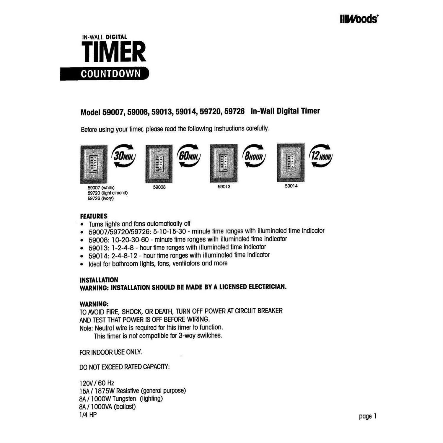 Woods 59013 In-Wall Timer 120 V