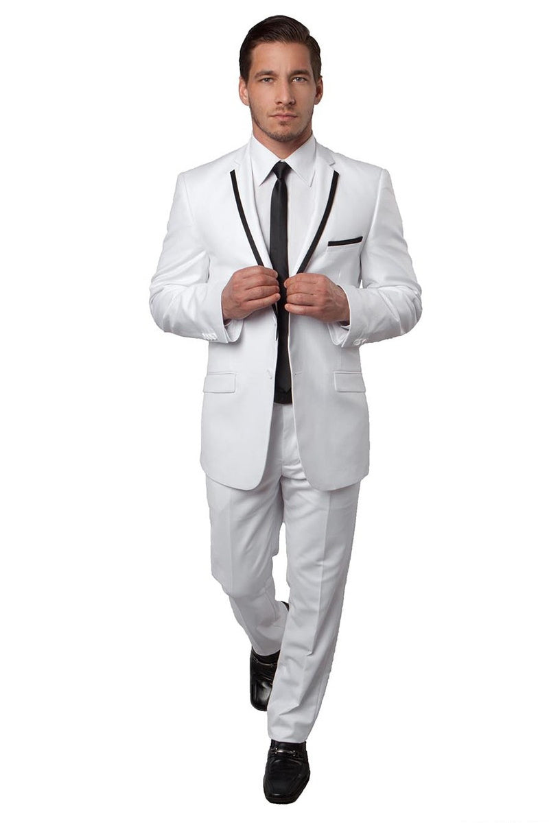 Men’s Two Button Slim Fit Wedding & Prom Tuxedo Suit in White with Black Piping