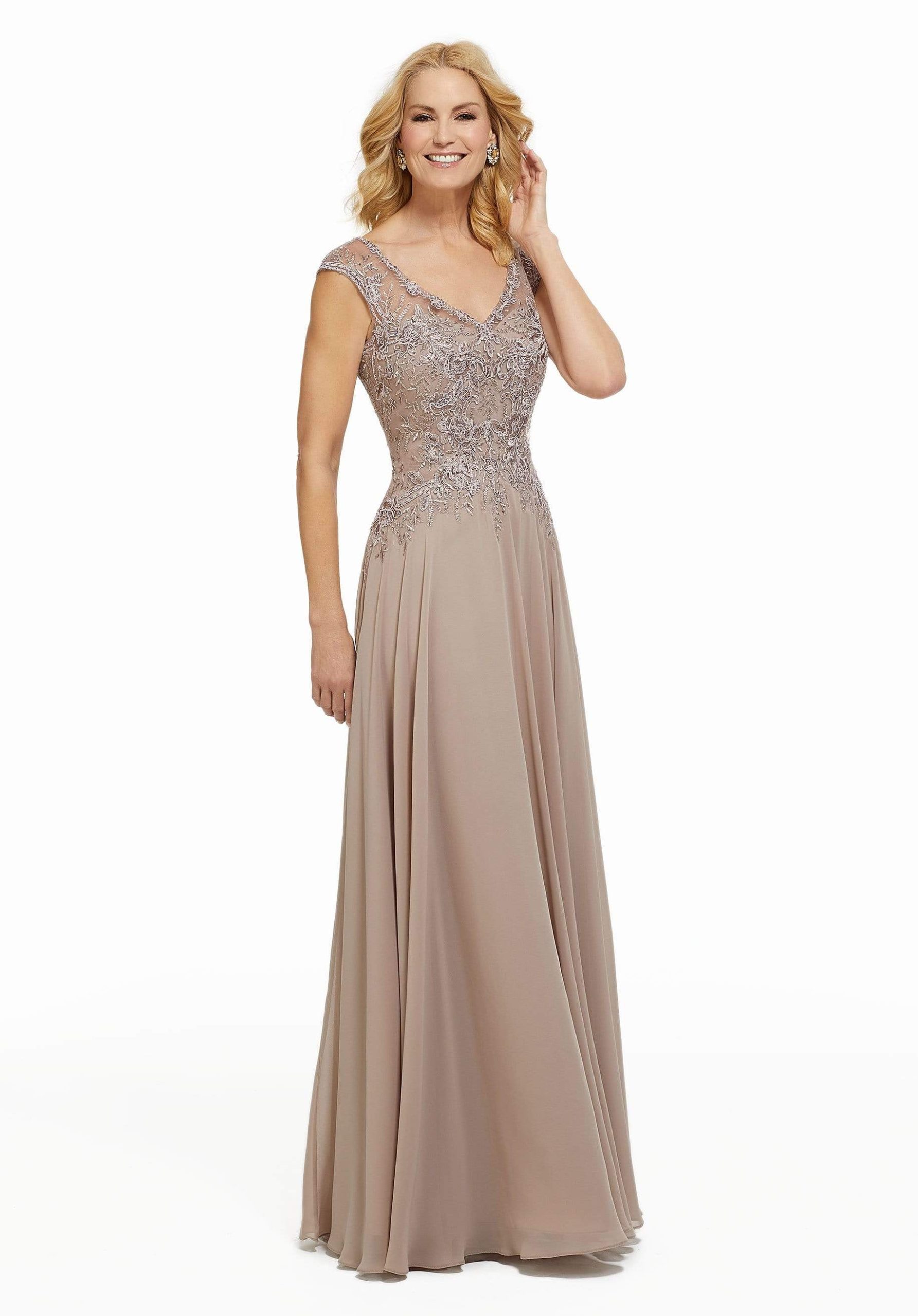 72021 Beaded Lace V-neck A-line Chiffon Gown