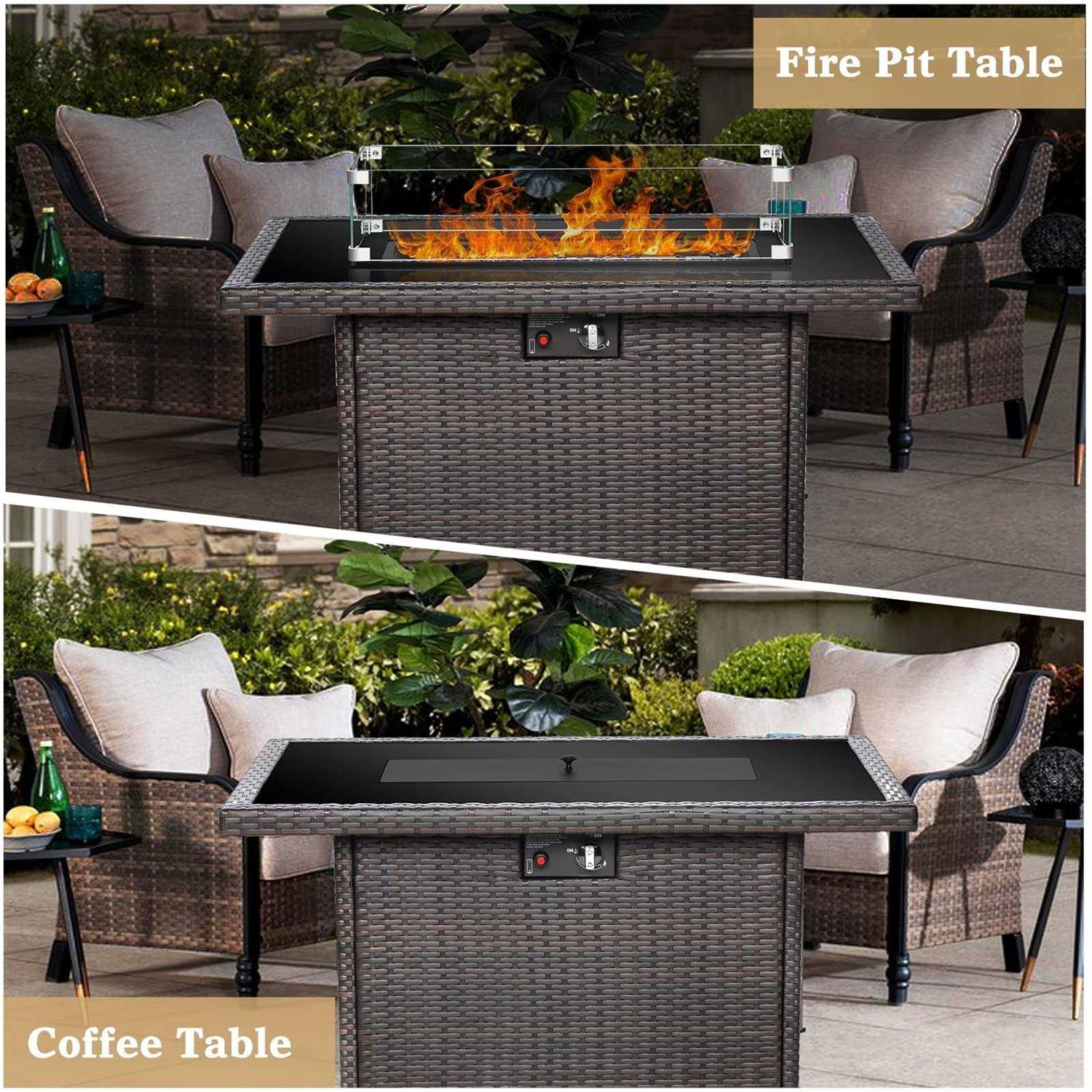 Vakollia Propane Fire Pit Table,44 Inch 55000 BTU Outdoor Gas Fire Pit Rectangular with Glass Wind Guard for Outside Patio Deck