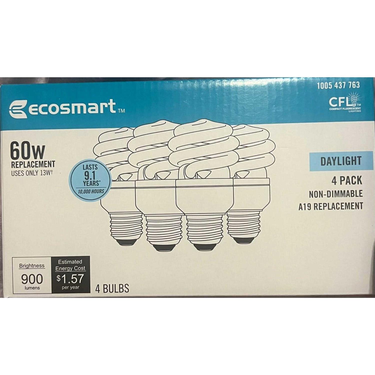 60-Watt Equivalent Ecosmart A19 Spiral Non-Dimmable E26 Base Compact Fluorescent CFL Light Bulb