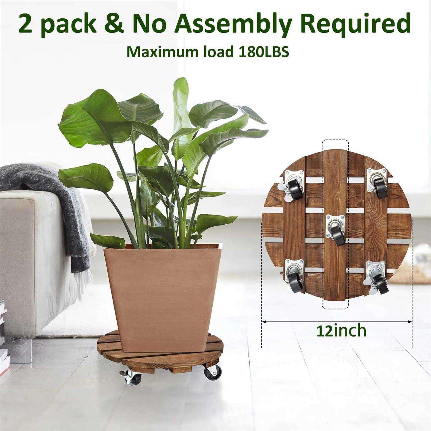 Yangbaga 2pack Plant Caddy 12u2019u2019Wood Duty Round Plant Roller with 2 360° Lockable Caster Wheels,Indoor Outdoor on Roller Patio/Flower