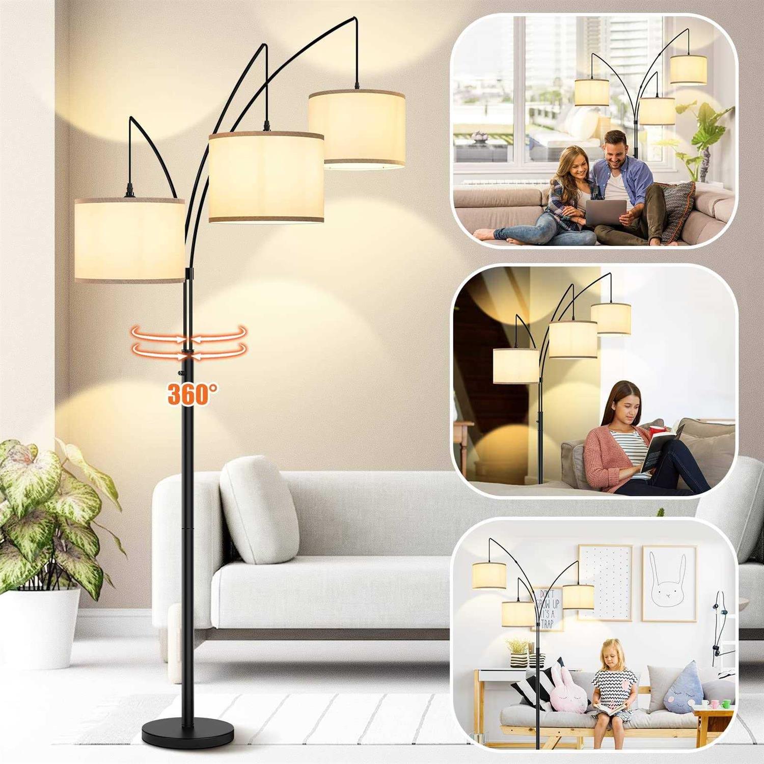 3 Lights Arc Floor Lamps for Living Room,Modern Tall Standing Lamp Hanging Over The Couch with Shades & Heavy Base,Mid Century