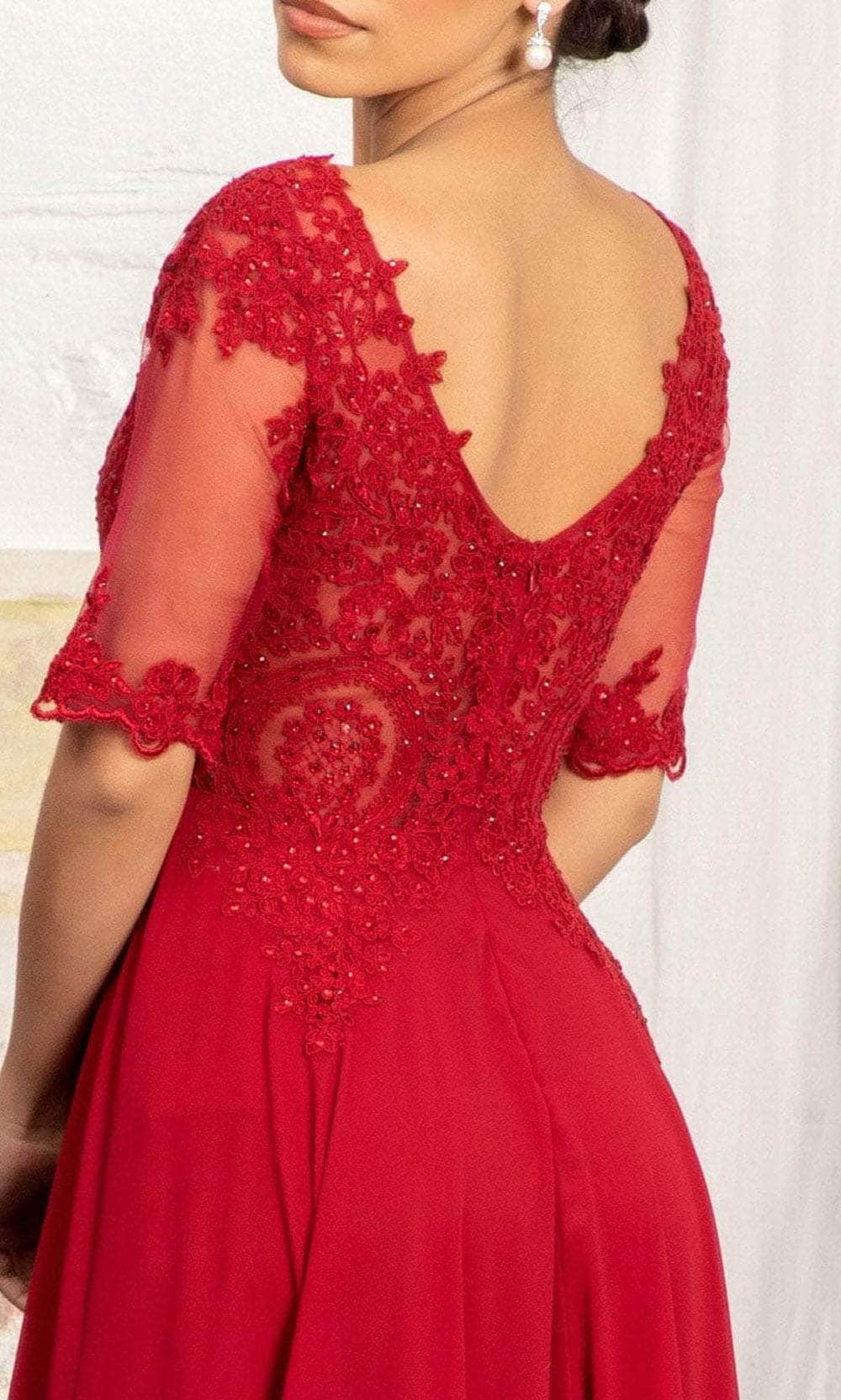 Sheer Quarter Sleeve Lace Applique Evening Dress
