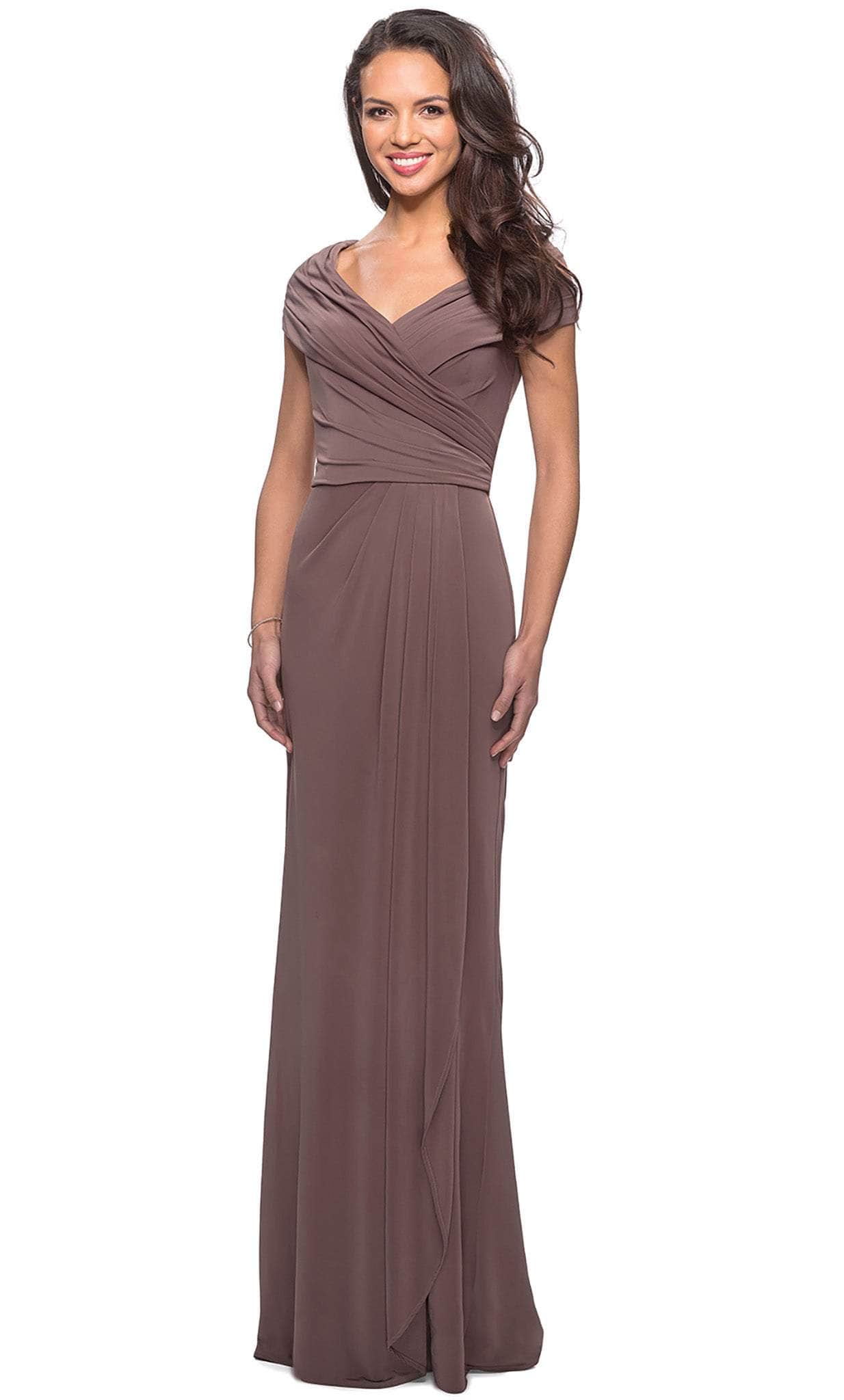 26519 Off Shoulder V Neck Long Sheath Jersey Gown