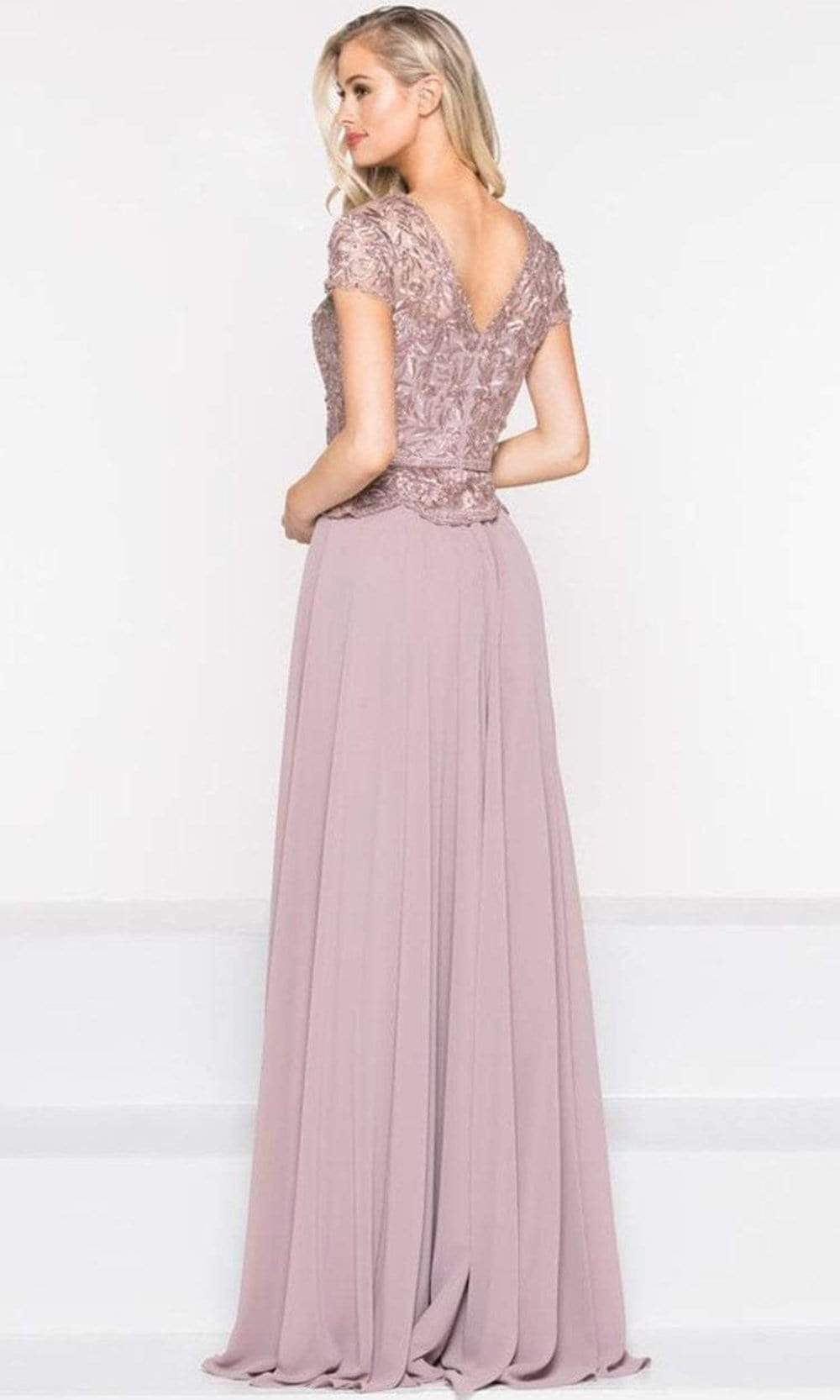 M243 Short Sleeve Embroidered Peplum Chiffon Gown