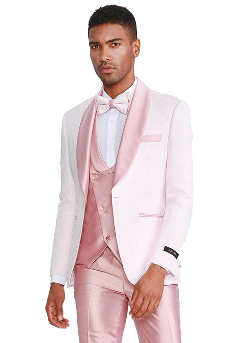 Men’s One Button Vested Paisley Prom & Wedding Tuxedo with Satin Vest and Pants in Pink