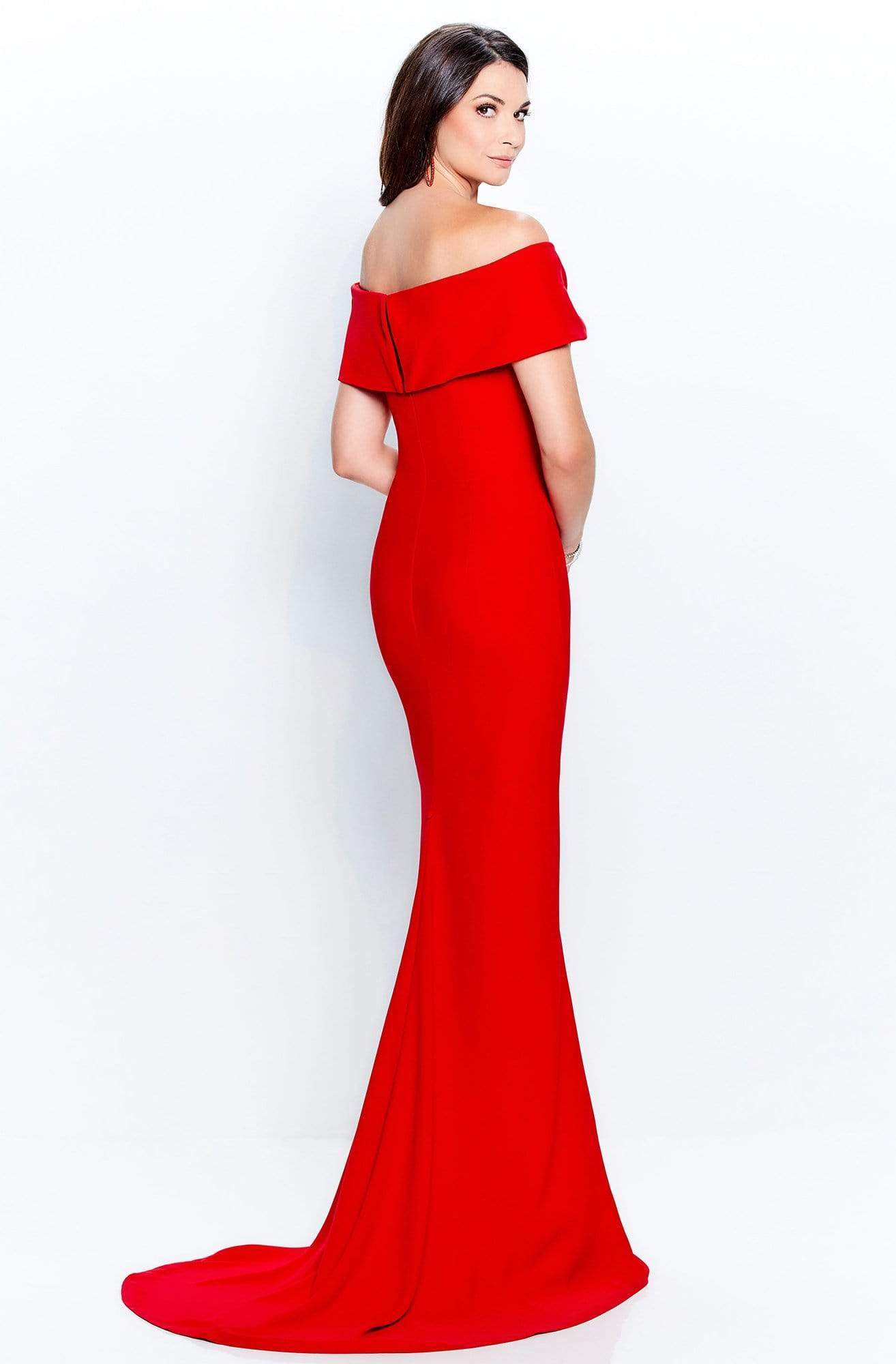 120905 Off Shoulder Brooch Accent Sheath Gown