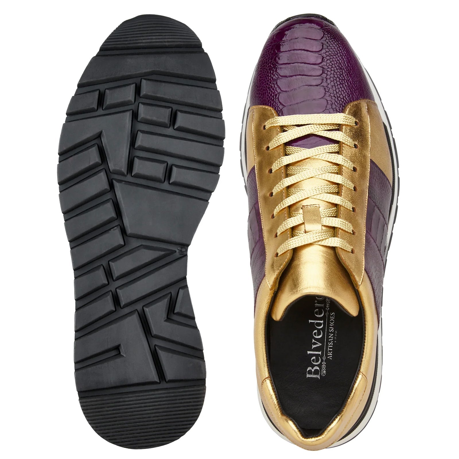 Men’s Belvedere Blake Calf & Ostrich Leg Dress Sneaker in Purple & Gold