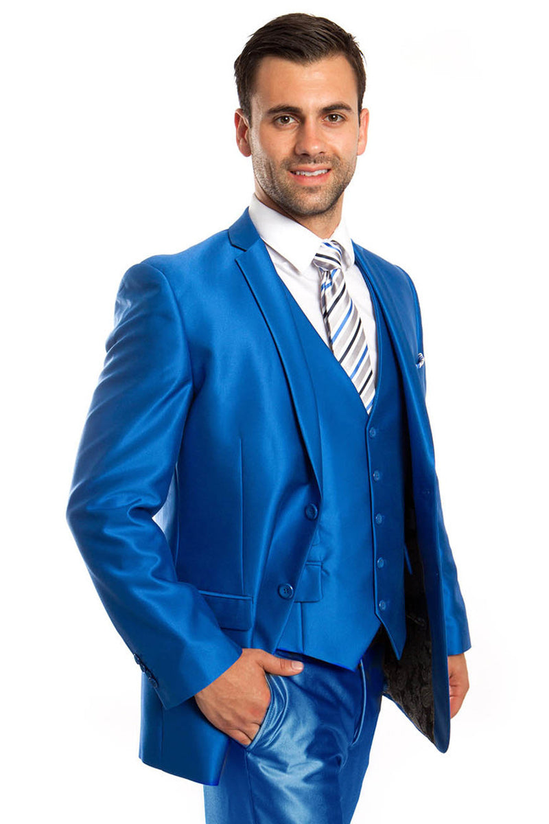 Men’s Two Button Vested Shiny Sharkskin Wedding & Prom Fashion Suit in Royal Blue