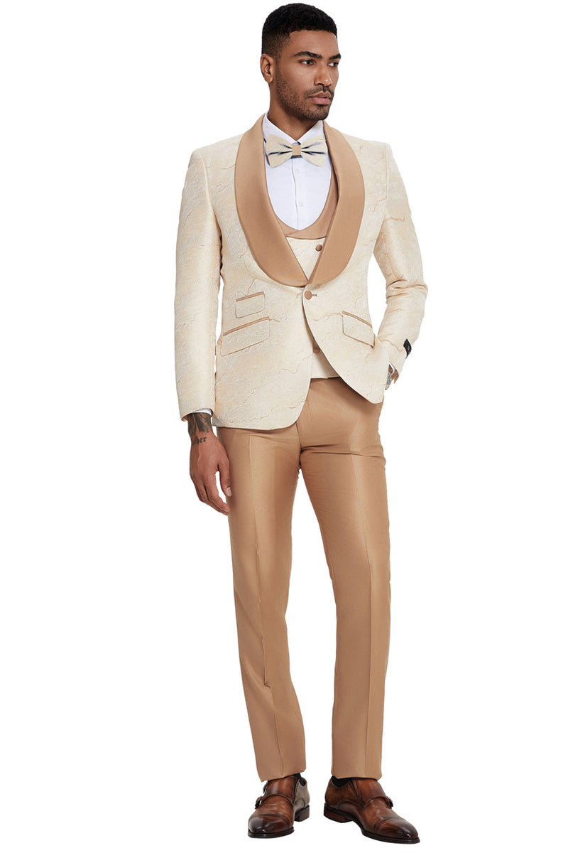 Men’s Slim Fit Vested Wedding & Prom Shawl Lapel Paisley Tuxedo in Gold