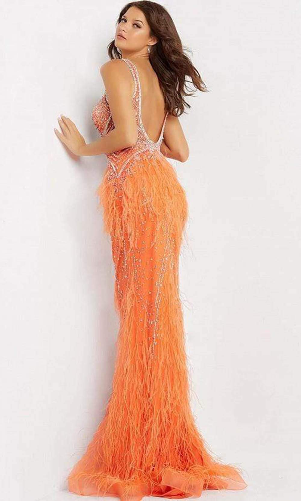 03023 Sheer Bodice Beaded Adorned Feather Fitted Evening Gown