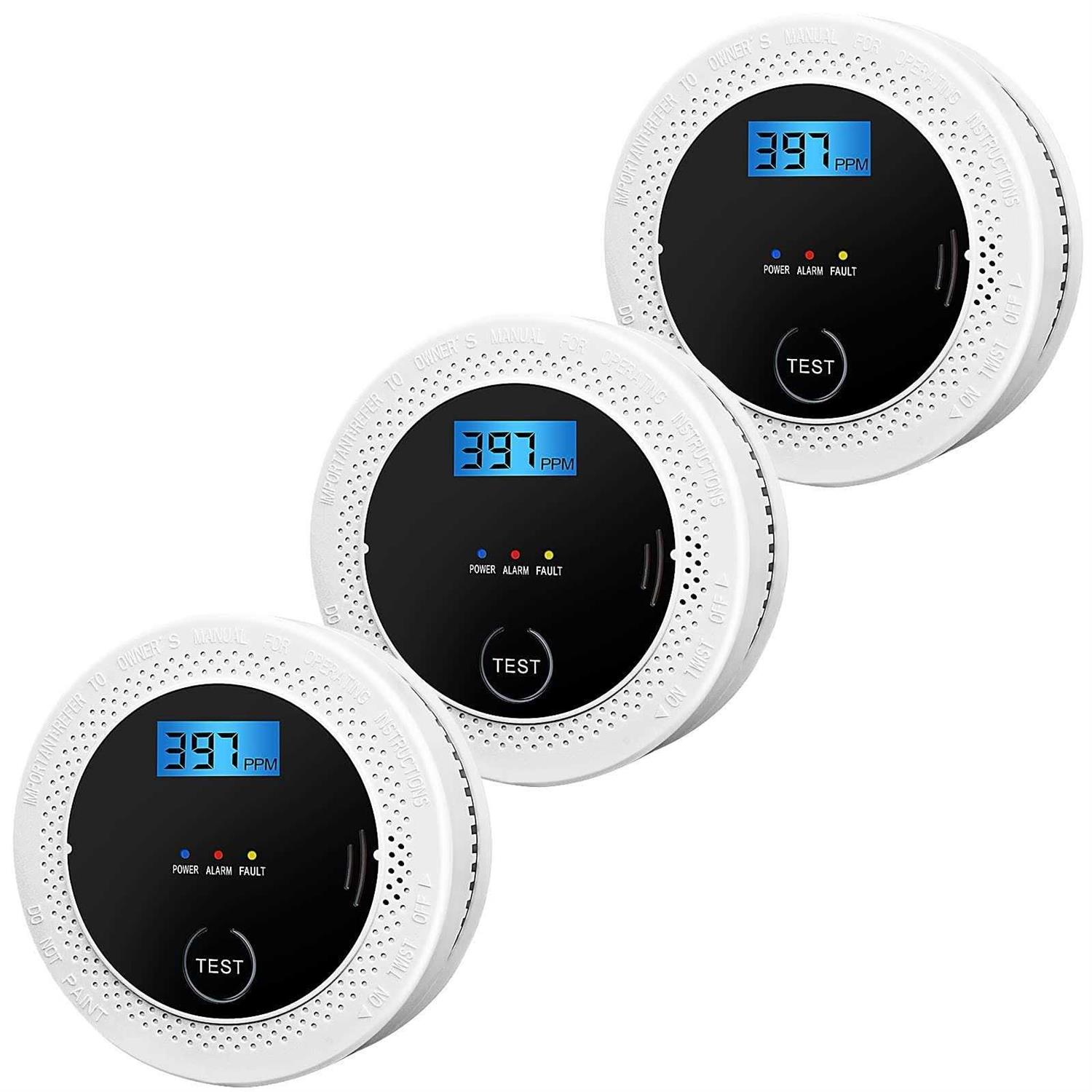 3 Pack smoke and carbon monoxide detectors powered by batteries, with digital display, smoke and carbon dioxide dual alarm sensors