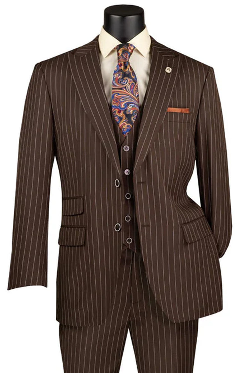 Men’s Vested Bold Gangster Pinstripe Suit in Brown