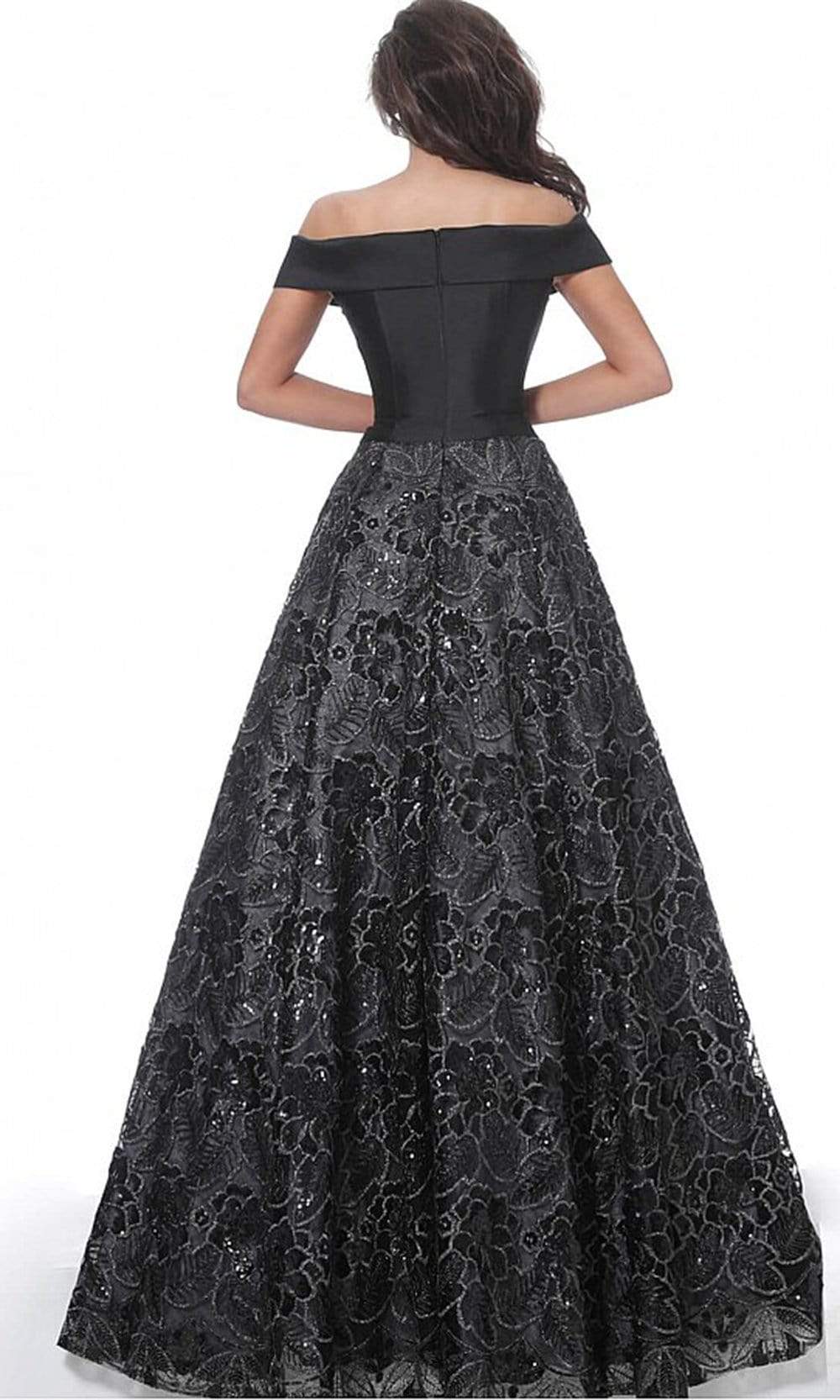 03331 Off Shoulder Satin Bodice Embroidered A-Line Gown