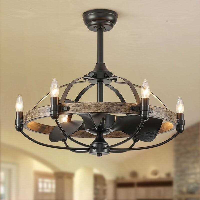27-inch Grey Brown Ceiling Fan with Light Remote Control 6-Light Wagon Wheel Modern Farmhouse Chandelier Caged Ceiling Fan