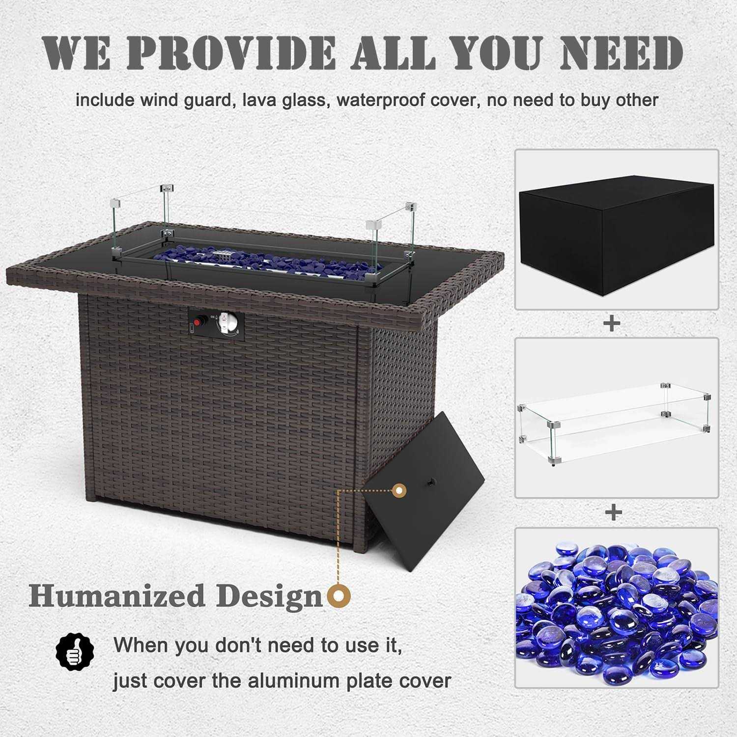 Vakollia Propane Fire Pit Table,44 Inch 55000 BTU Outdoor Gas Fire Pit Rectangular with Glass Wind Guard for Outside Patio Deck