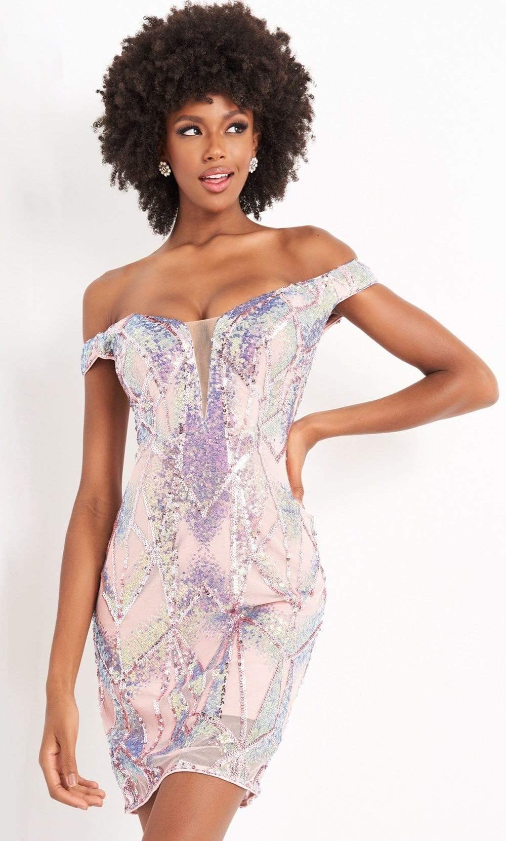 05101 Illusion Plunging Neck Off Shoulder Embellished Dress