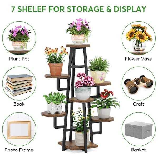 BYBLIGHT Wellston 43.3 in. Rustic Brown Rectangle Wood Indoor Plant Stand with 7 Tier