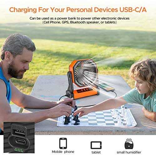 20000mAh Rechargeable Camping Fan with LED Lantern 58hrs Portable Battery Operated Desk Fan with Hanging Hook for Camping Picnic Fishing Hurricane