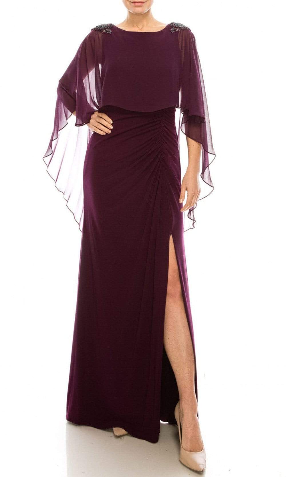 AP1E206514 Ruched High Slit Sheer Cape Evening Dress