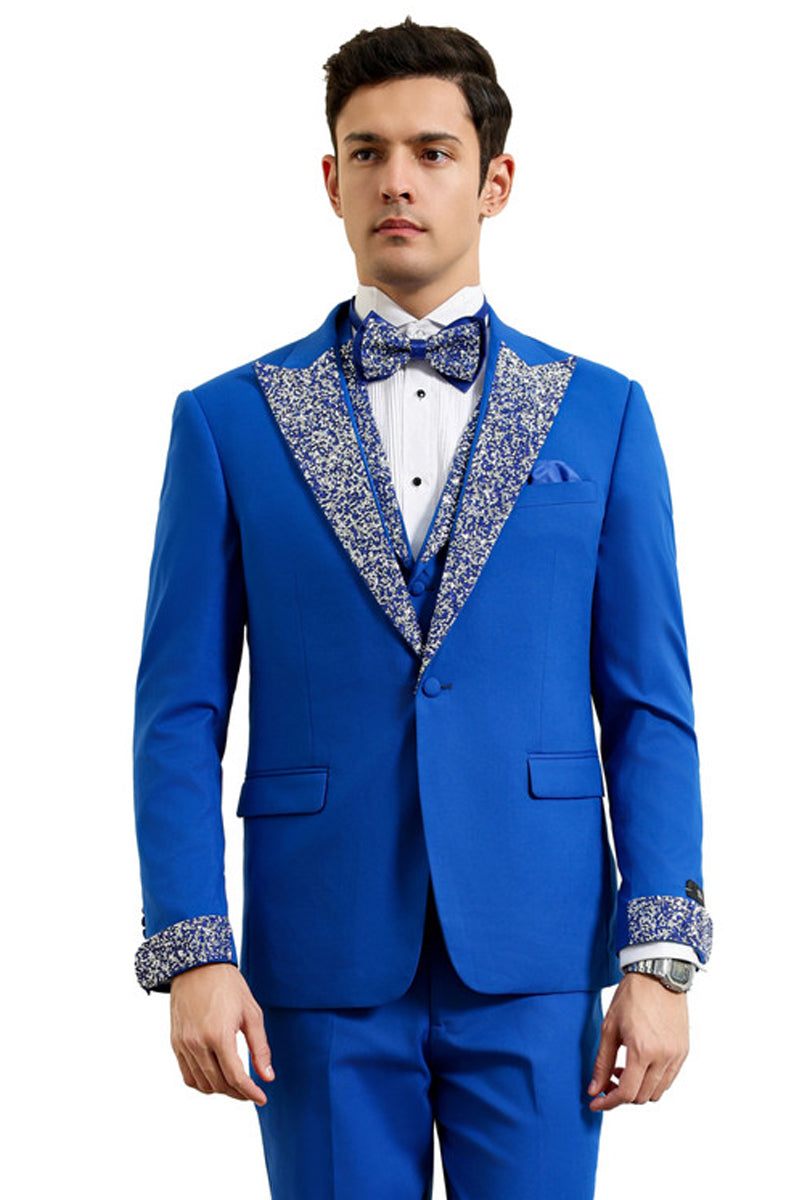Men’s One Button Rhinestone Peak Lapel Vested Prom Tuxedo in royal Blue