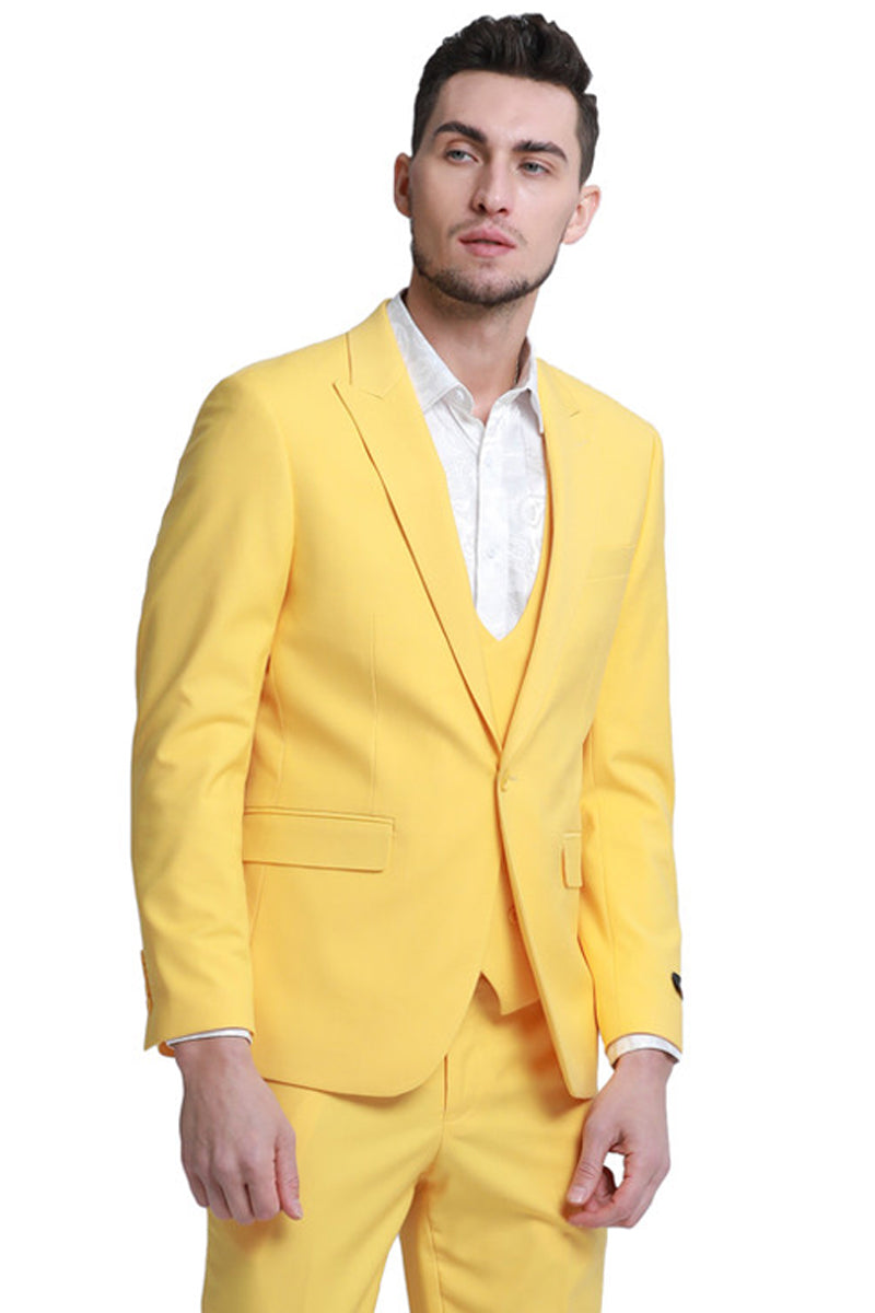 Men’s Slim Fit One Button Peak Lapel Low Cut Double Breasted Vest Wedding Suit in Yellow