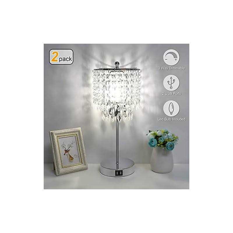 Boncoo Crystal Touch Control Table Lamp with 2 USB Charging Ports 3-Way Dimmable Nightstand Lamp Set of 2 Bedside Lamps with Elegant Shade
