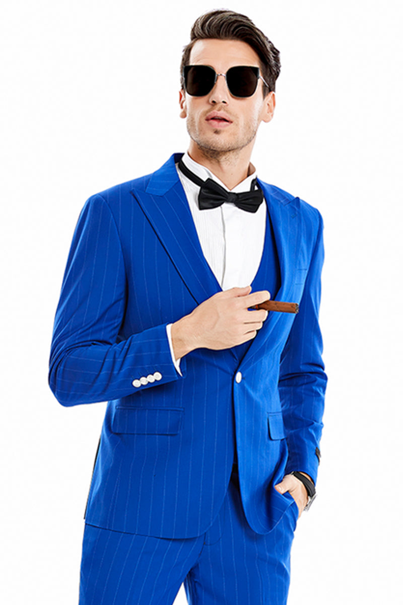Men’s One Button Vested Wide Peak Lapel Bold Gangster Pinstripe Suit in Royal Blue