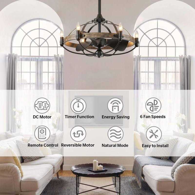 27-inch Grey Brown Ceiling Fan with Light Remote Control 6-Light Wagon Wheel Modern Farmhouse Chandelier Caged Ceiling Fan
