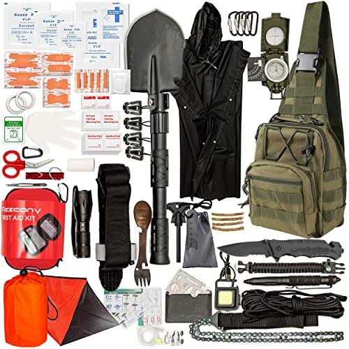 Emergency Survival & First Aid Kit & Tourniquet Go Bag Survival Gears with Compass Flashlight Shovel Fire Starter