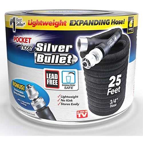 Bulbhead Pocket Hose Silver Bullet 75 ft Turbo Shot Nozzle Multiple Spray Patterns Expandable Garden Hose 3/4 in Solid Aluminum Fittings Lead-Free
