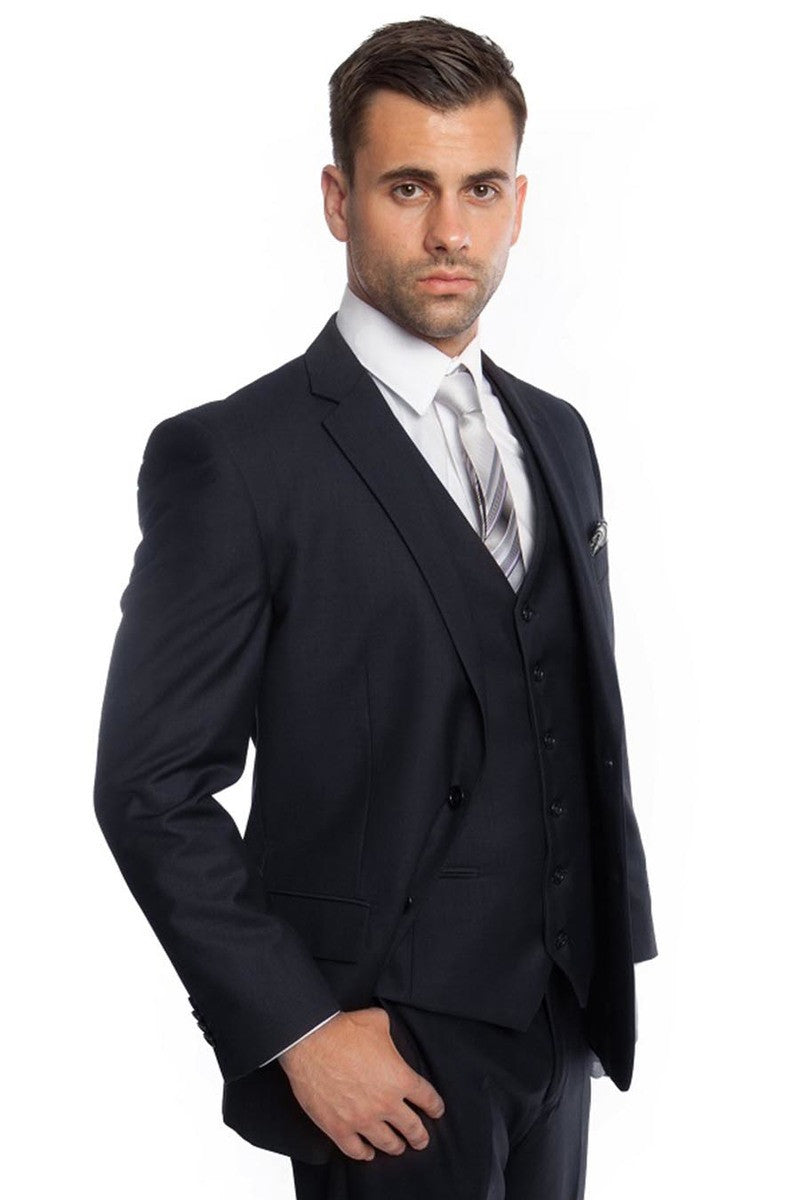 Men’s Vested Two Button Solid Color Wedding & Business Suit in Navy Blue