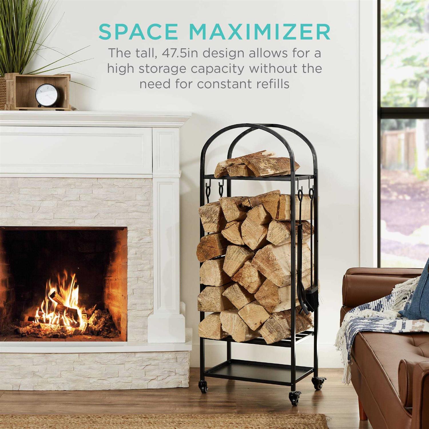 Best Choice Products 4ft 3-Tier Firewood Log Rack Vertical Wrought Iron Holder for Home w/ 4-Piece Tool Set