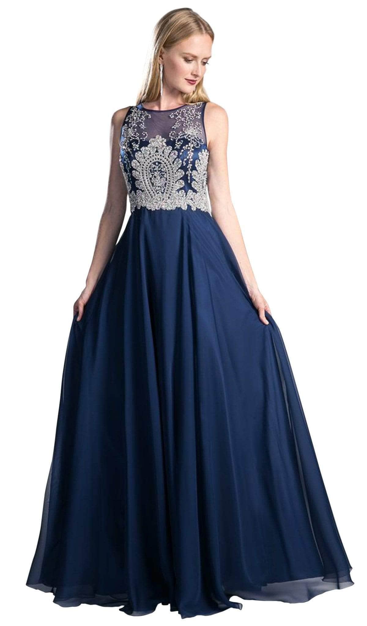 Illusion Metallic Appliqued A-Line Gown