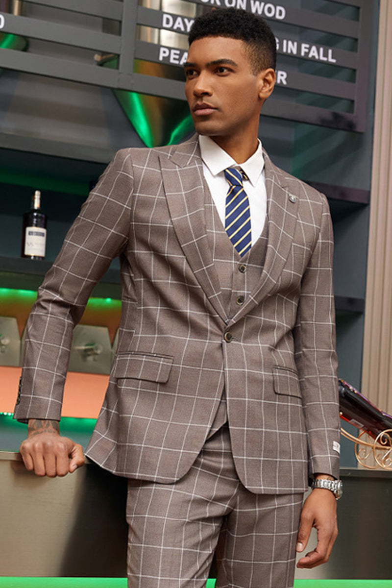 Men’s Stacy Adam’s One Button Vested Modern Fit Suit in Light Brown Windowpane Plaid