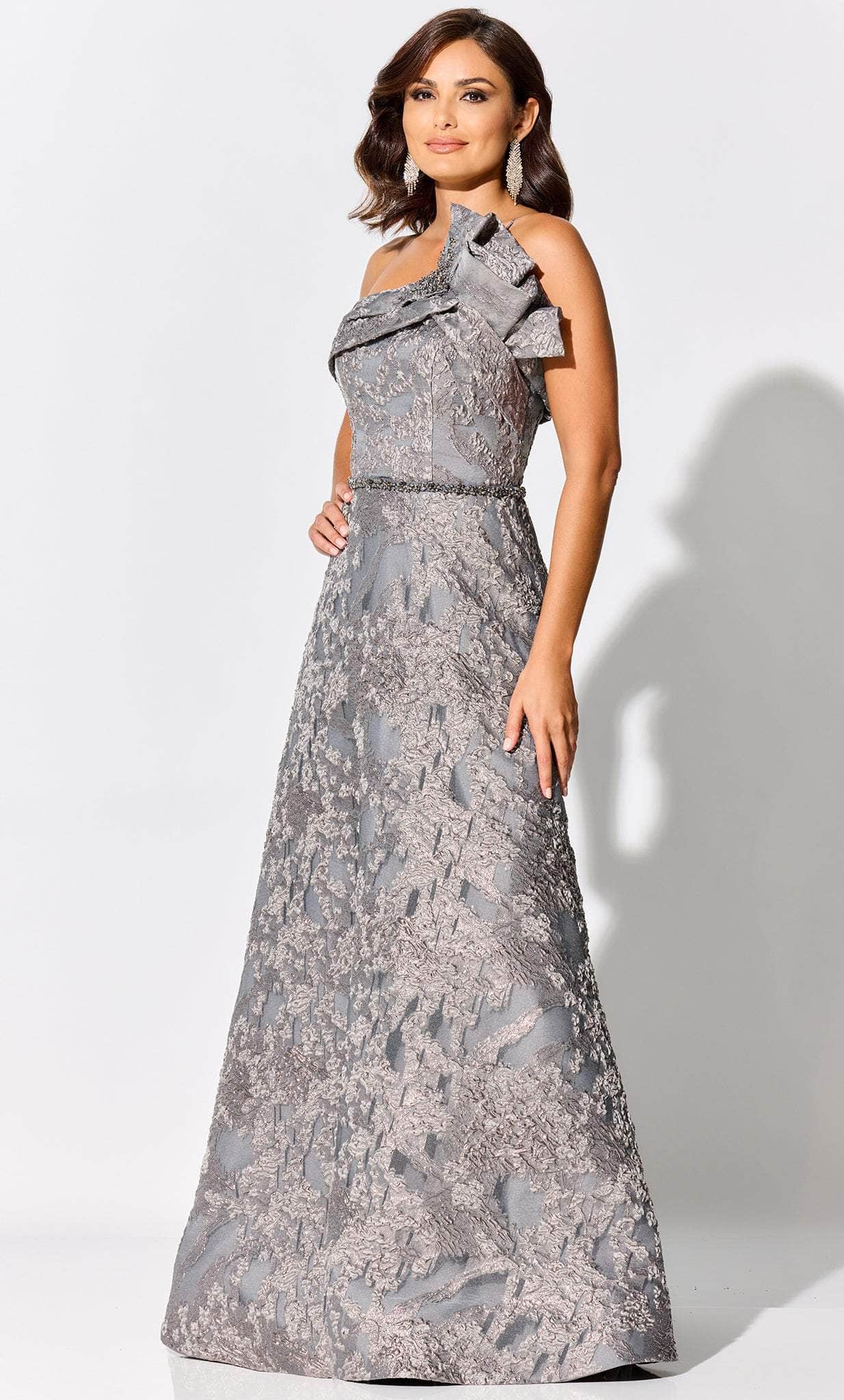Asymmetric Neck Brocade Evening Gown