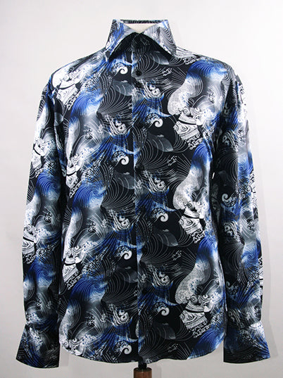 Men’s Regular Fit Fancy Tonal Japanest Wave Pattern Sports Shirt in Black & Royal Blue