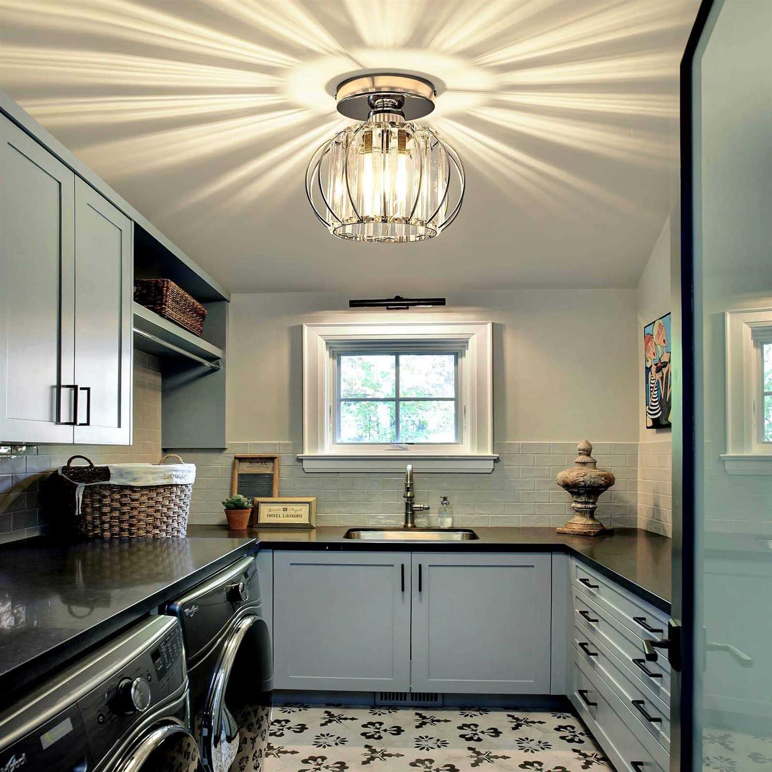 YYJLX Modern Semi Flush Mount ceiling Light Fixture E26 Mini crystal chandelier chrome Small ceiling Lamp for Entryway Bedroom B