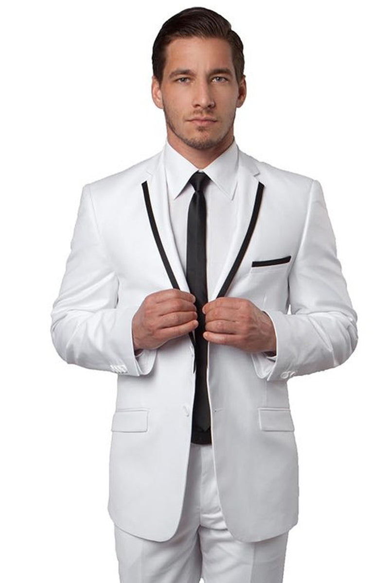 Men’s Two Button Slim Fit Wedding & Prom Tuxedo Suit in White with Black Piping