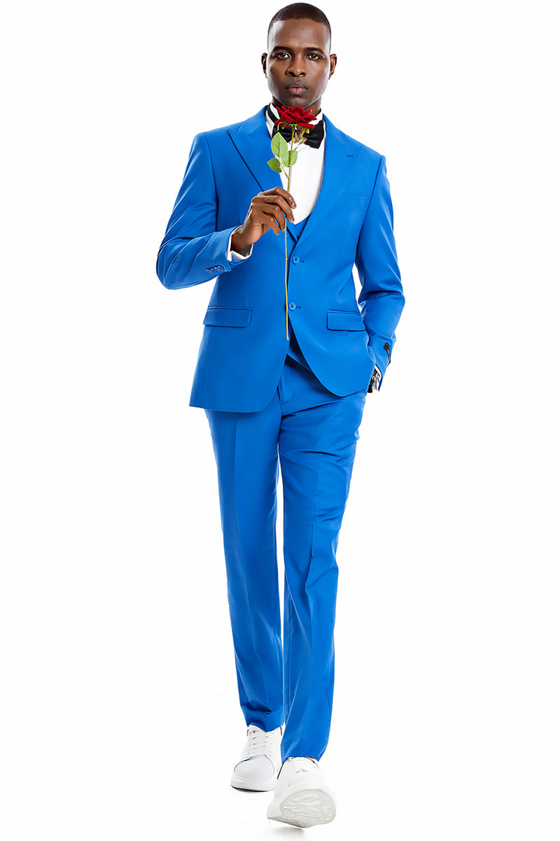 Men’s Two Button Vested Peak Lapel Pastel Wedding & Prom Suit in Royal Blue