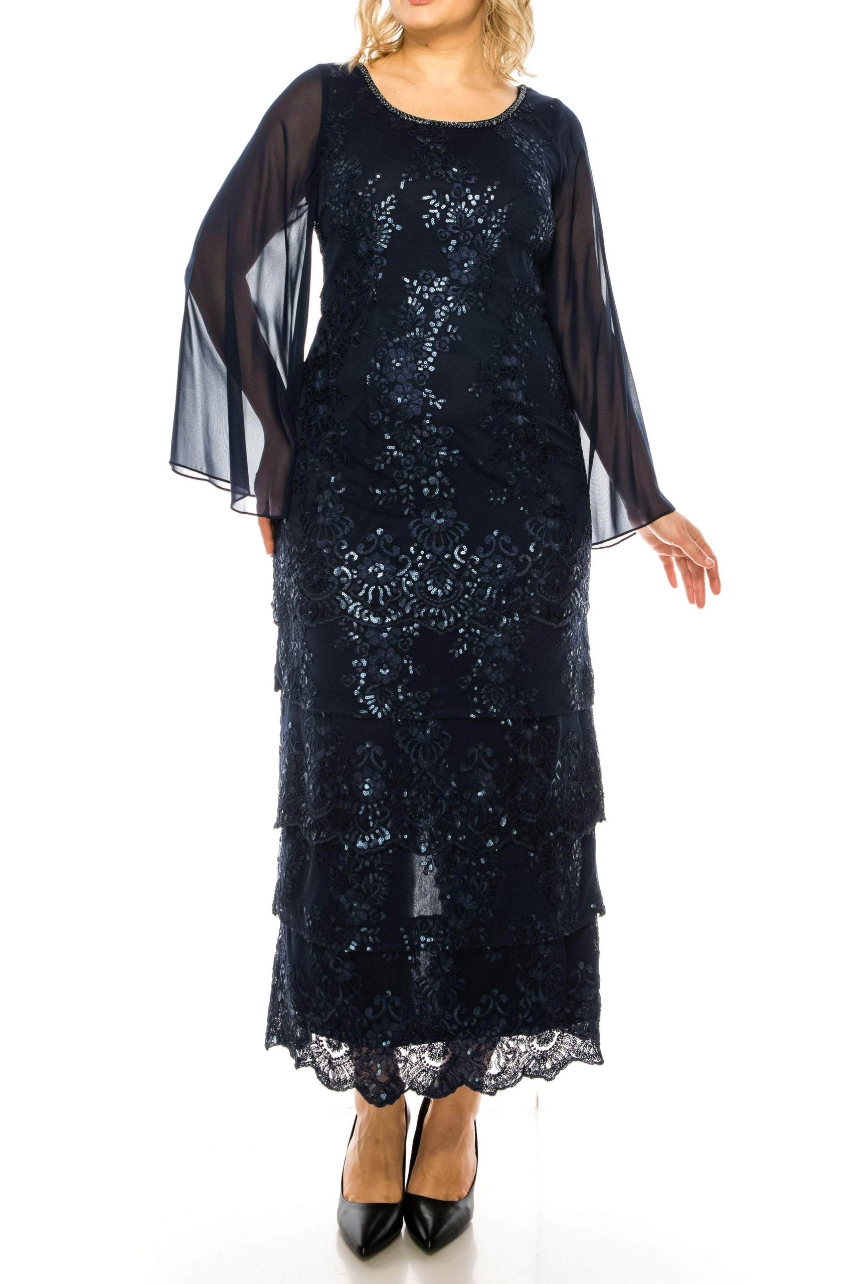 Floral Sequined Sheer Long Sleeved Tiered Dress
